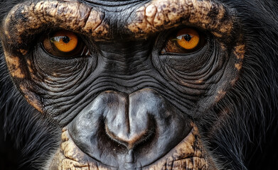 Close-up of a chimpanzee's intense amber eyes with detailed facial features.