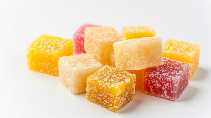 Assorted barfi pieces topped with nuts, isolated on white background.