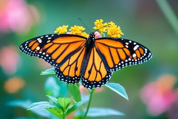 Fototapeta premium A close-up of a monarch butterfly with its orange and black wings spread, perched on a blooming flower