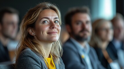 Fototapeta premium Business professionals seated in a row, attentively listening to a presentation at a conference or meeting, highlighting the focus and engagement of attendees