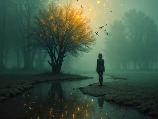 Fototapeta premium Solitary Figure Contemplates Misty Forest Landscape with Glowing Tree and Flying Birds at Dawn