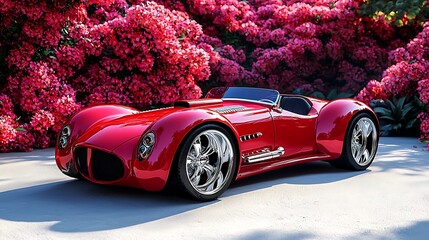 A sleek red classic sports car parked in a garden surrounded by vibrant flowers.