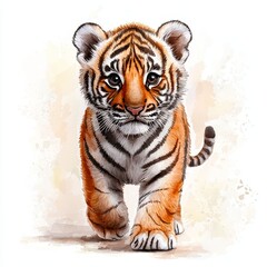 Obraz premium Adorable Watercolor Illustration of Playful Baby Tiger - Vibrant Orange and Black Stripes on White Background.