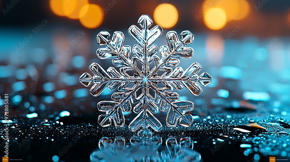 Aufkleber a snowflake resting on a wet surface, illuminated by soft bokeh lights.