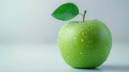 A fresh green apple covered in water droplets with a leaf attached, on a light background.
