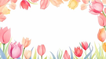Obraz premium Vibrant Watercolor Tulips Frame - Spring Floral Border with Colorful Blooms and Splashes on Pastel Background. Beautiful, Aesthetic Atmosphere
