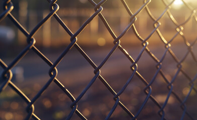 Fototapeta premium A close-up of a metal chain-link fence with soft sunlight in the background.