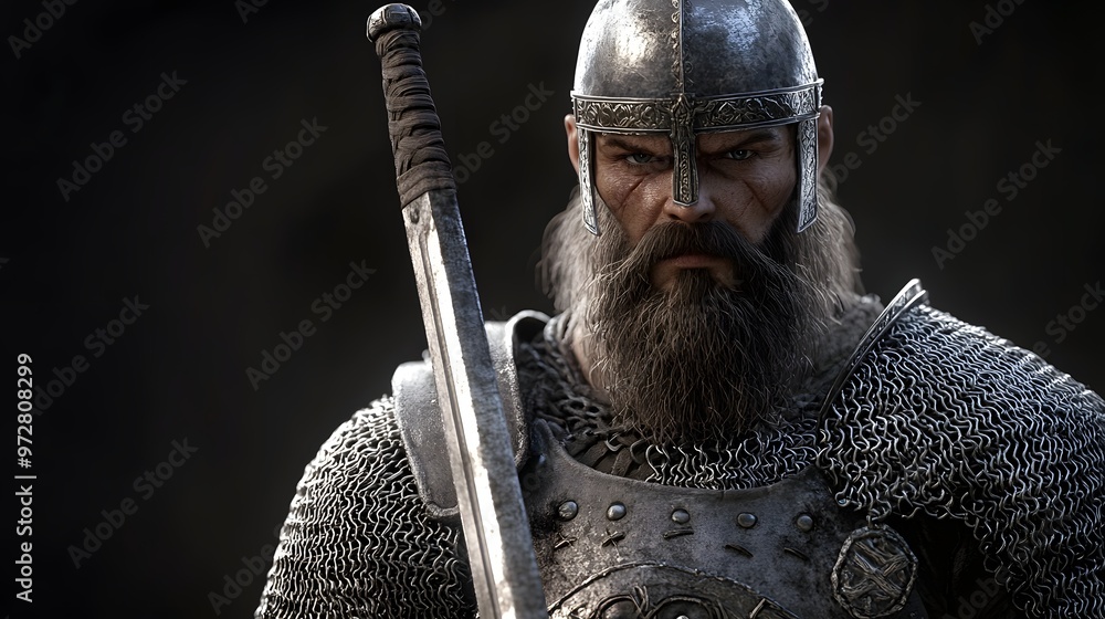 Poster 8. **realistic 3d model of a celtic warrior with chainmail and a broad sword