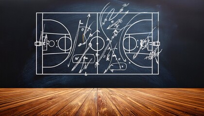 Basketball tactics drawn, isolated on black chalkboard