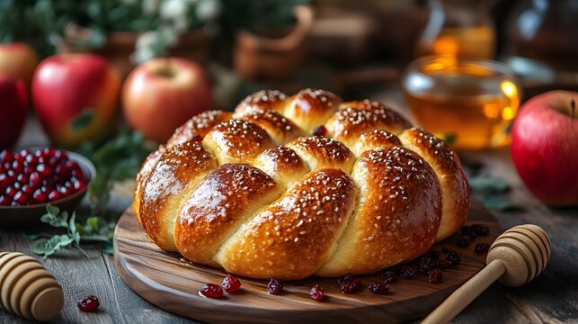 A beautifully arranged table featuring round challah with raisins, apples, honey, and pomegranates, symbolizing abundance for Rosh Hashanah.