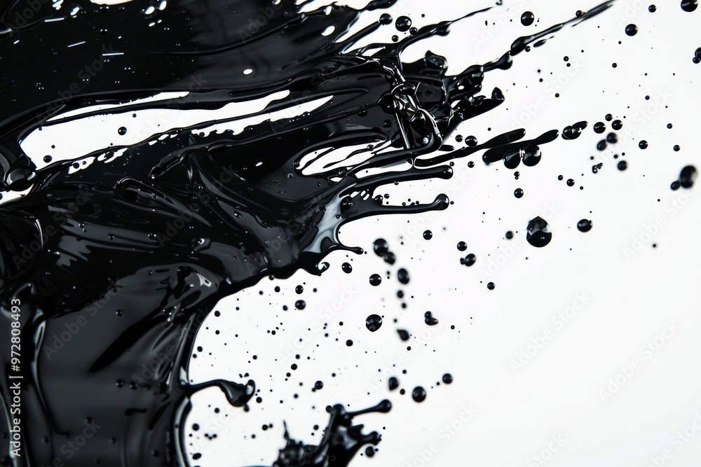 Poster an abstract representation of dynamic black and white paint splashes artistically arranged on a whit