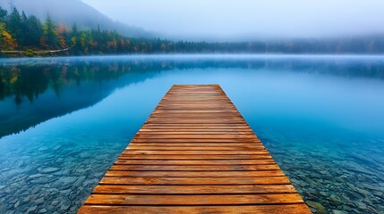 Fototapeta premium A wooden dock stretches out into a misty, tranquil lake, inviting serenity.