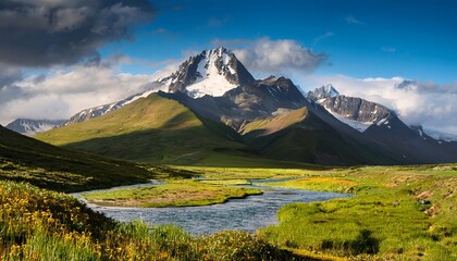 Fototapeta premium Peaceful stream flowing through a green mountain landscape autumn sunset