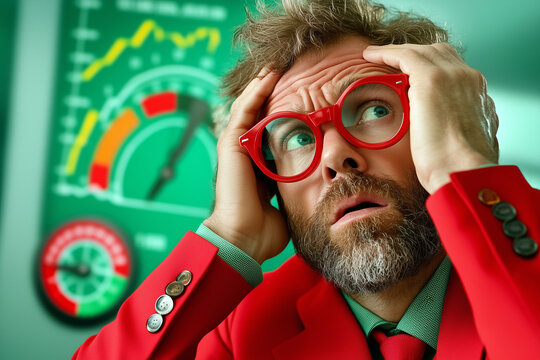 A man in a red suit and glasses is looking at a green screen with a red line on it. He is in a state of panic or distress - Powered by Adobe