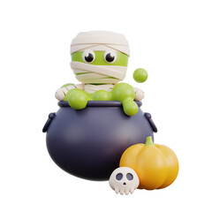 3d Halloween cute mummy zombie cartoon character, trick or treat party, october holiday, 3d rendering.