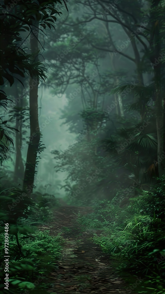 Poster Mysterious Forest Path: Enchanting Fog and Lush Greenery