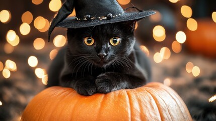 Halloween black cat with pumpkin and witch hat