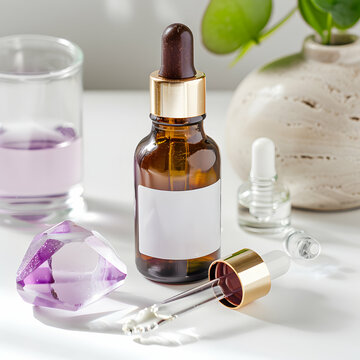 Product photography of an opac purple pastel plastic dropper 80ml. 