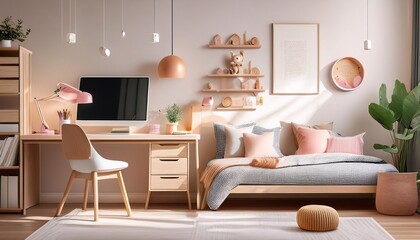 Cozy interior teenage girl and boy room with bed