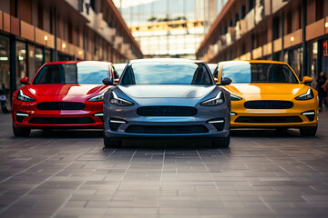 Obraz premium Modern electric cars perfectly aligned