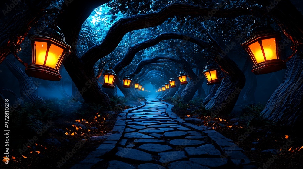 Poster an enchanting forest path lined with glowing lanterns, leading to the unknown.