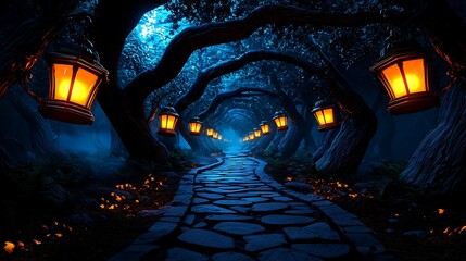 An enchanting forest path lined with glowing lanterns, leading to the unknown.