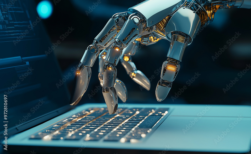 Poster a robotic hand typing on a keyboard in a futuristic, high-tech setting.