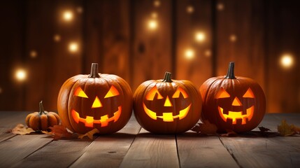 Fototapeta premium Festive and playful Halloween scene with small carved pumpkins on the left side against a dark background, enhanced by orange bokeh light orbs in the foreground.A lively autumn atmosphere wallpaper