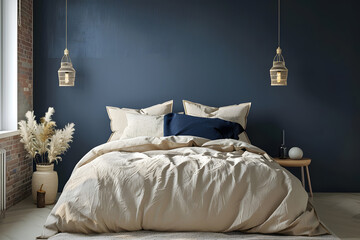 Bed with beige bedding against dark blue wall and brick wall interior design 3d render. Generative Ai.