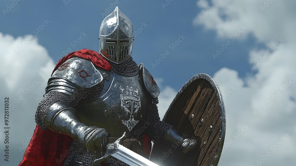 Poster 1. **3d render of a medieval knight in shining armor wielding a sword and shield