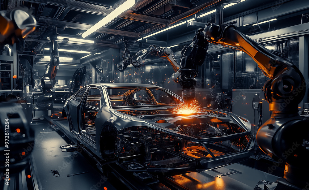 Poster robotic arms working on a car frame in an automated car manufacturing assembly line.
