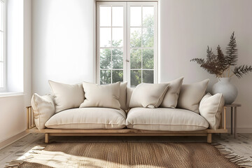 Beige fabric sofa against window. Boho home interior design of modern living room 3d render. Generative Ai.