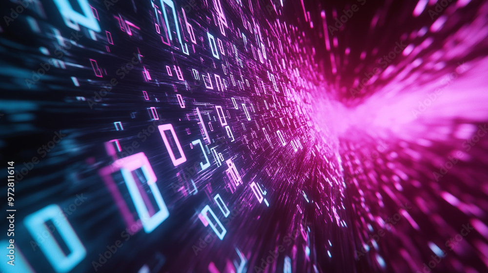 Poster abstract digital data stream with glowing pink and blue lines moving through cyberspace.