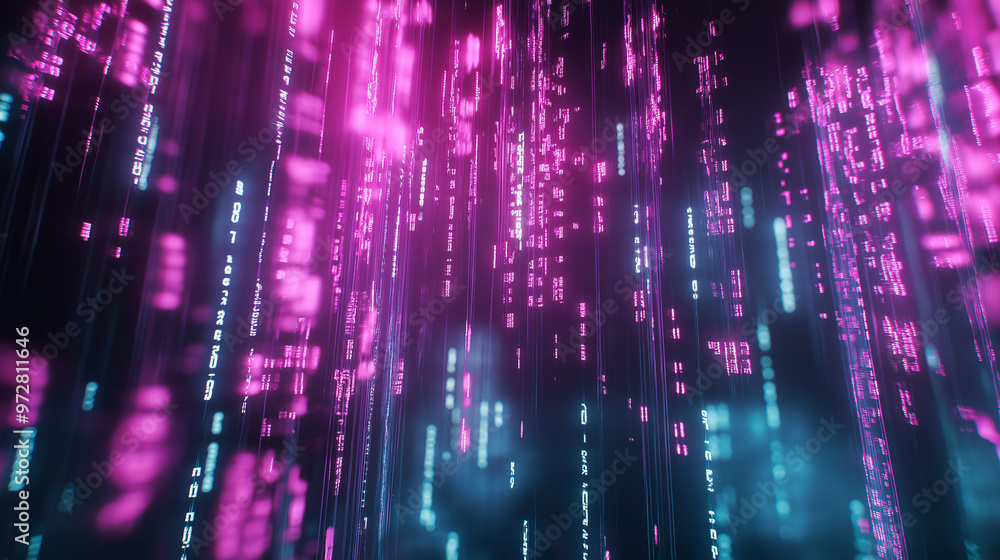 Poster abstract digital data stream with glowing pink and blue lines moving through cyberspace.