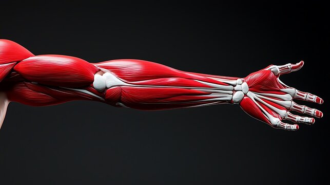 Detailed human arm anatomy highlighting muscles and bones of the forearm and hand.