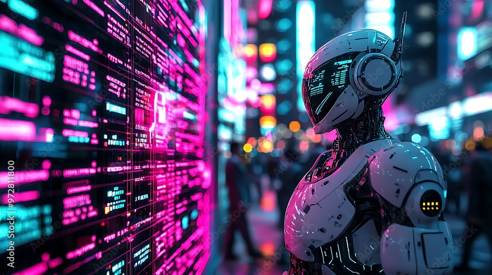 Poster a futuristic robot scanning data on a digital screen in a neon city.