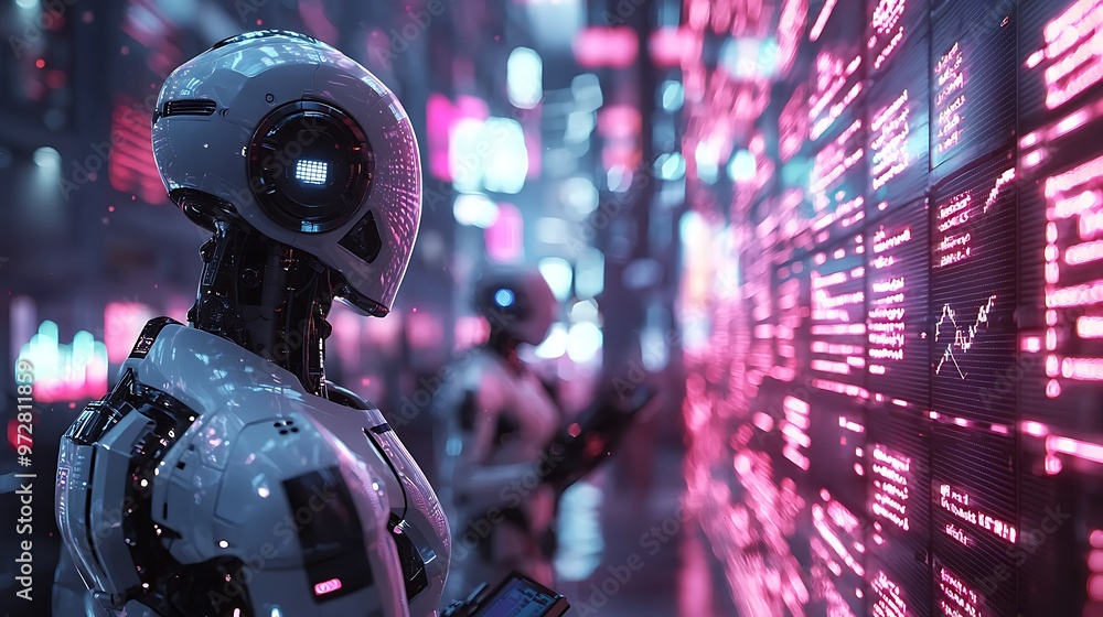 Poster a futuristic robot examining a data screen in a neon city.