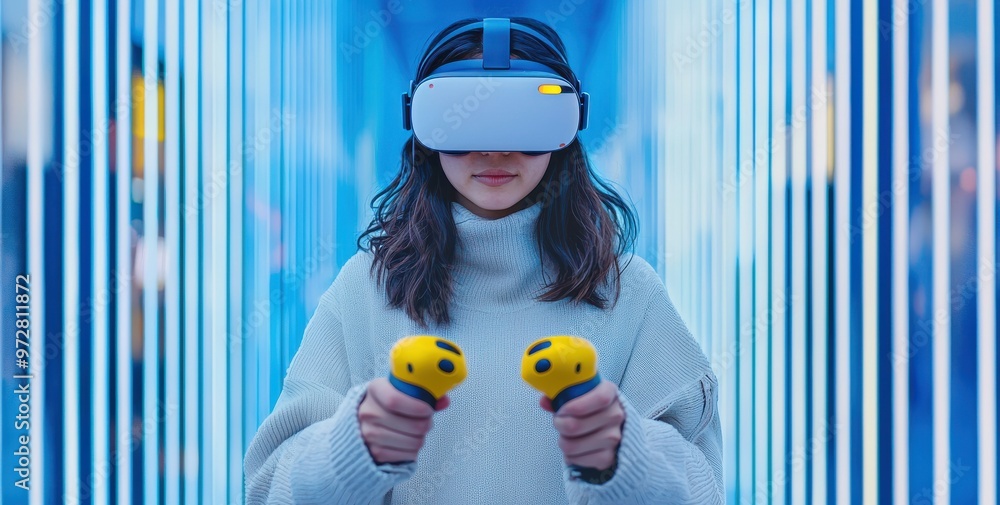 Poster woman immersed in virtual reality experience using vr headset and controllers in a futuristic settin
