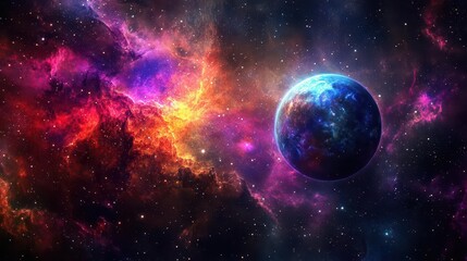 cosmic vista of a luminous planet surrounded by swirling nebulae distant stars twinkling vibrant colors of deep space creating an aweinspiring celestial panorama