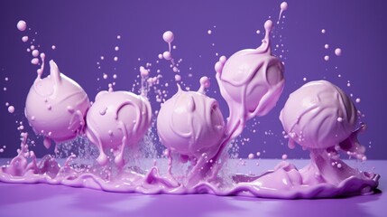 Purple ice cream balls in motion with splashes. Neural network ai generated art