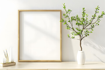 Blank landscape wooden frame with small houseplant, painting, or artwork display mockup. Generative Ai.