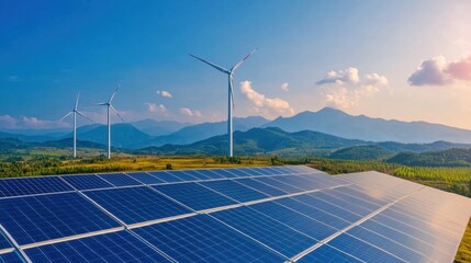 Solar and wind hybrid facility, futuristic battery storage, clean energy technology