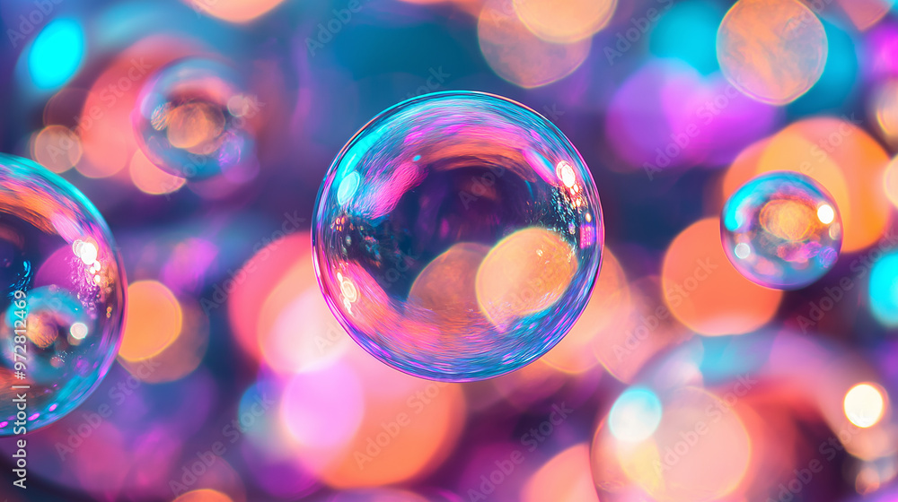 Poster close-up of colorful soap bubbles floating in soft focus with a dreamy, pastel background.