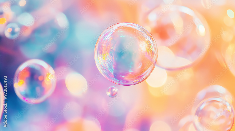 Poster close-up of colorful soap bubbles floating in soft focus with a dreamy, pastel background.