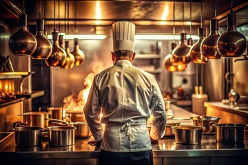 A professional chef stands with his back to the viewer in a stainless steel kitchen with pots and pans arranged around stovetops and under hanging lights