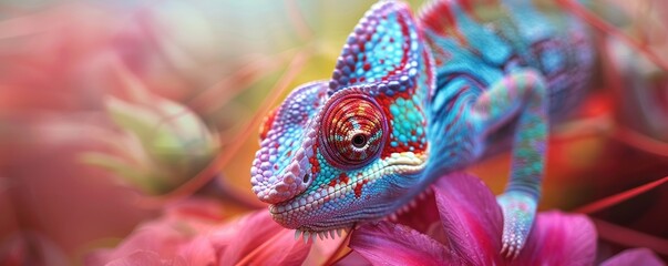 Obraz premium chameleon camouflaged amongst brightly patterned leaves, showcasing its intricate scales and textures.