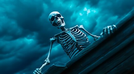 A skeleton hanging from a wooden beam against a blue sky, for Halloween.