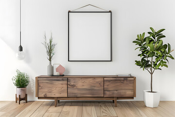 blank poster frame mockup on white wall living room with wooden sideboard with small green plant mockup. Generative Ai.