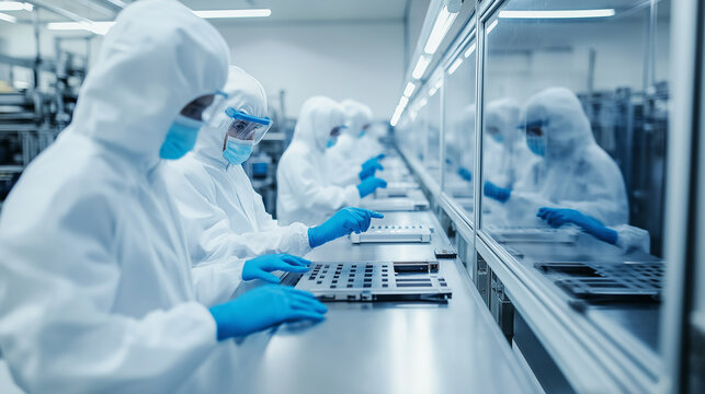 Scientists in full protective suits working in a sterile laboratory environment with advanced equipment.