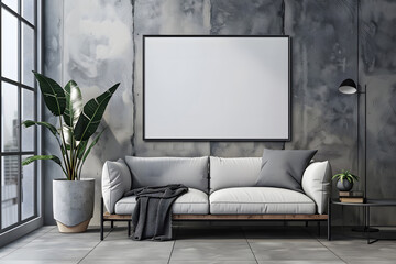 Blank wooden picture frame mockup on wall in modern interior. Horizontal artwork template mock up for artwork, painting, photo or poster Mock up. Generative Ai.